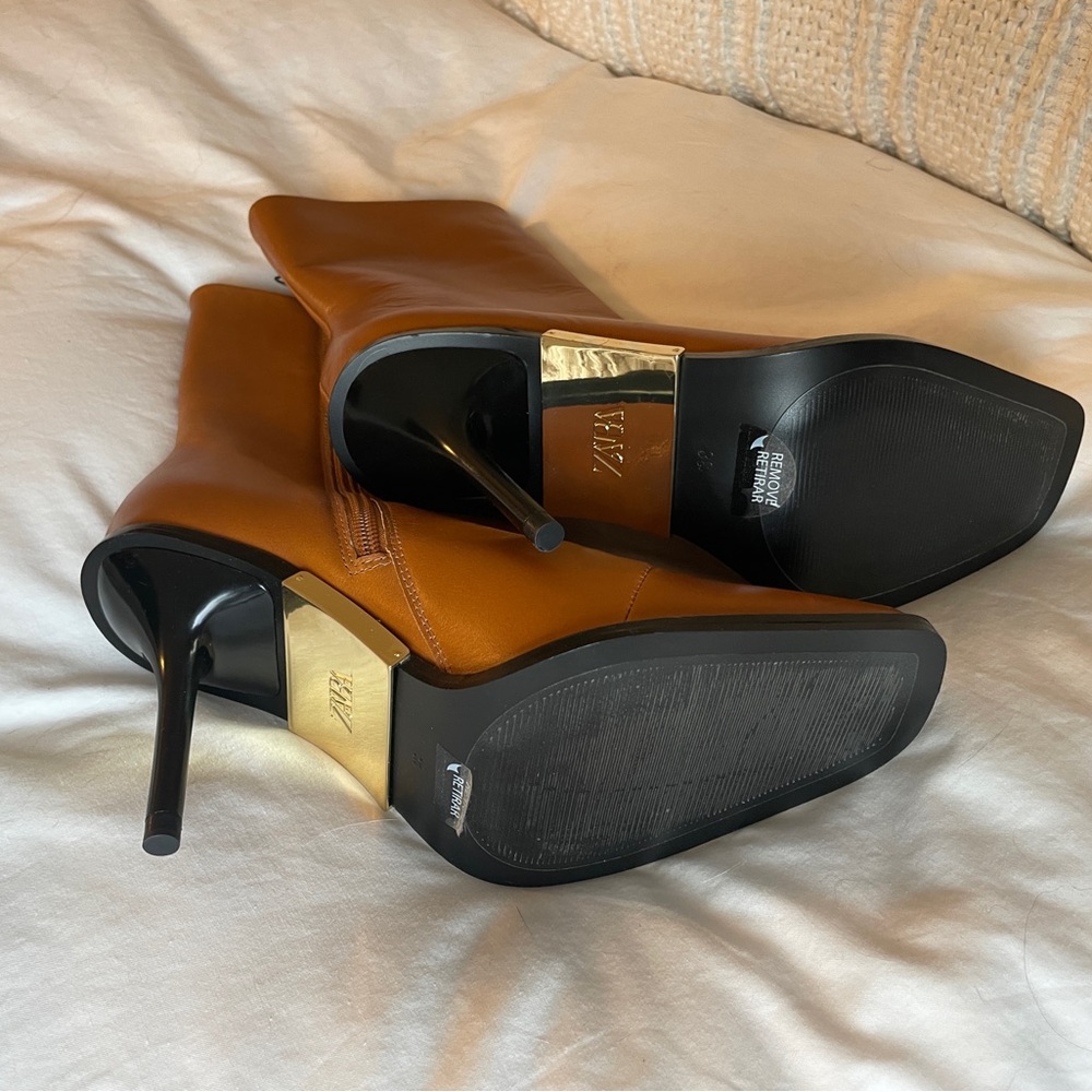 Square Toe High Heel Leather Ankle Boots - Picture 3 of 7